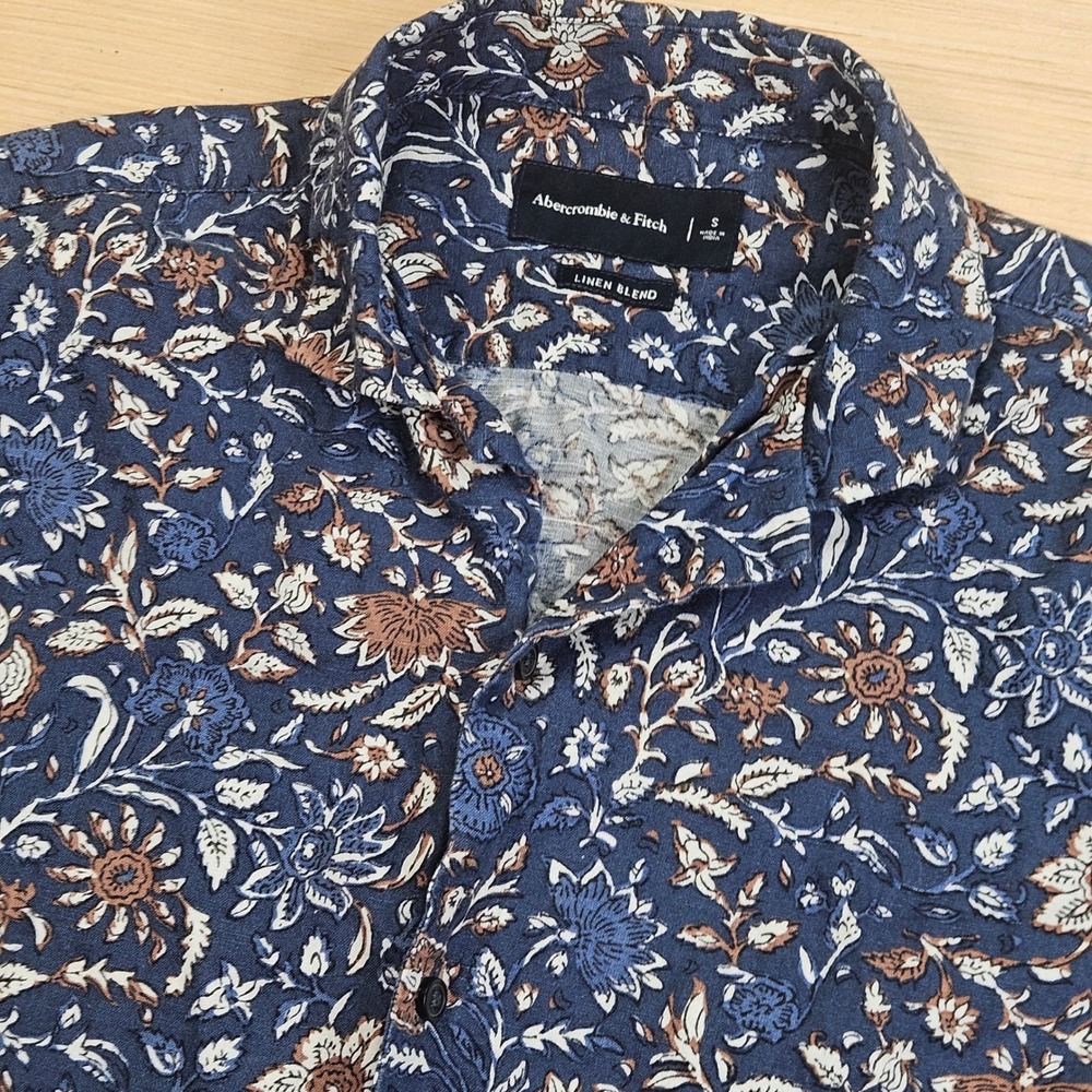 Abercrombie & Fitch Button Up Men S Blue Floral Linen Blend Short Sleeve